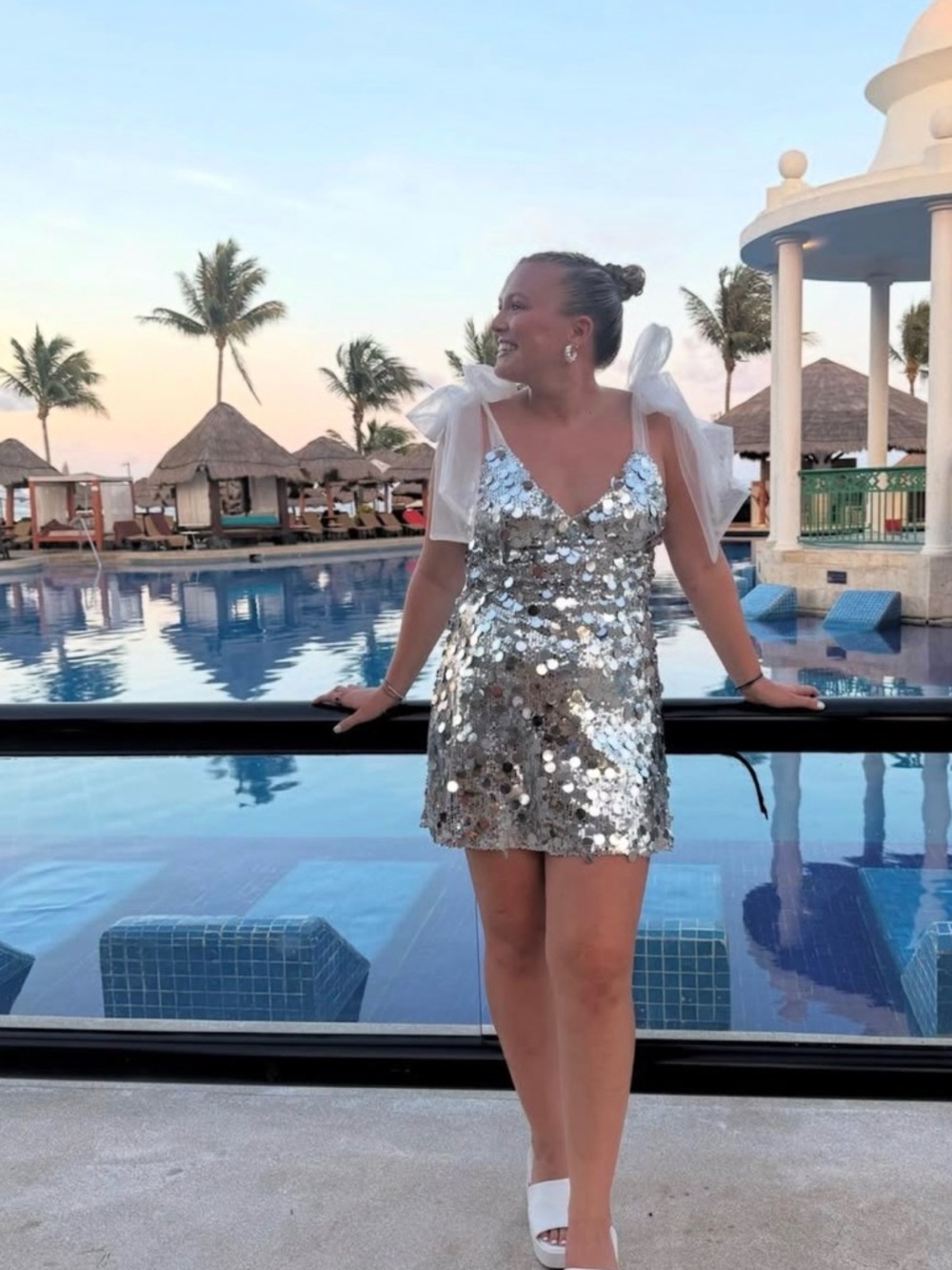 Selfie Leslie Silver Sequin Mini Dress with Sheer Bow Straps